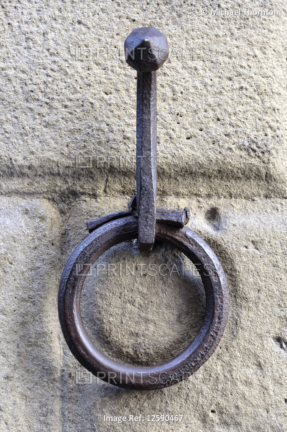 Old iron horse tie or tether ring on street wall, Old city of Lucca, Tuscany, ...