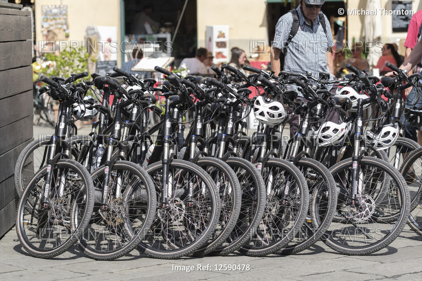 Bicycles in the Piazza Anfiteatro Romano, Lucca, Tuscany, Italy, Europe,
