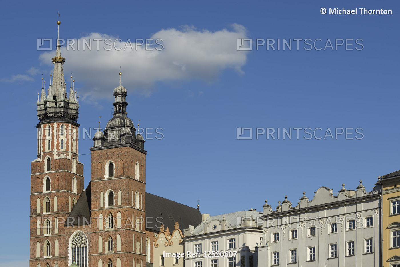 The twin towers of St. Mary's Basilica, Old Town Square, Krakow, Poland, Europe