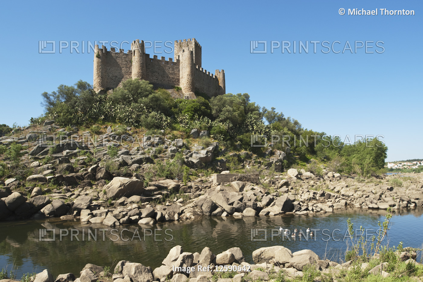 Castelo de Almourol standing in the middle of the River Tejo, constructed in ...