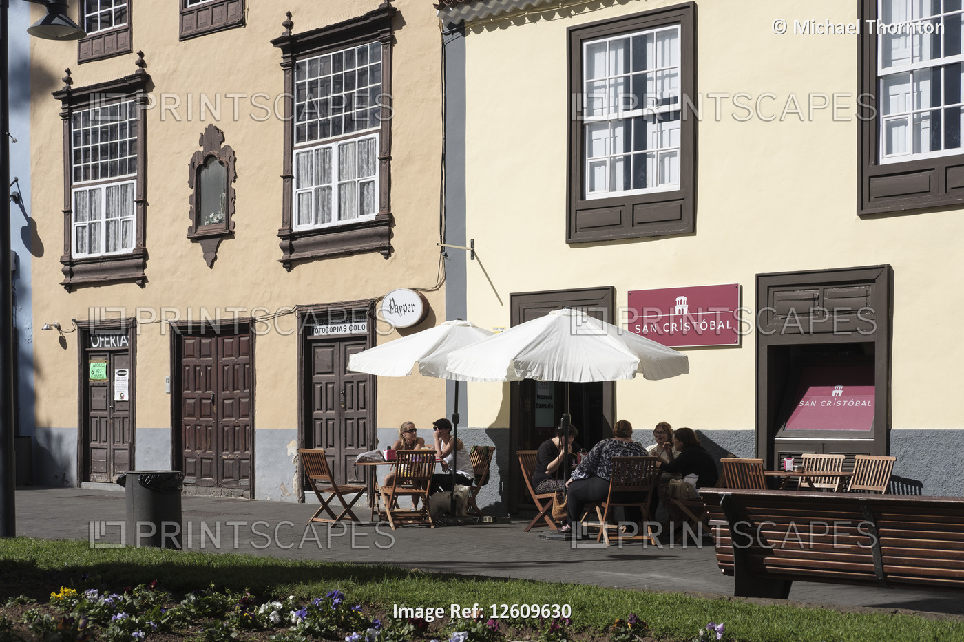Cafe and shops, traditional wooden doors, windows, San Cristobal de La Laguna, ...