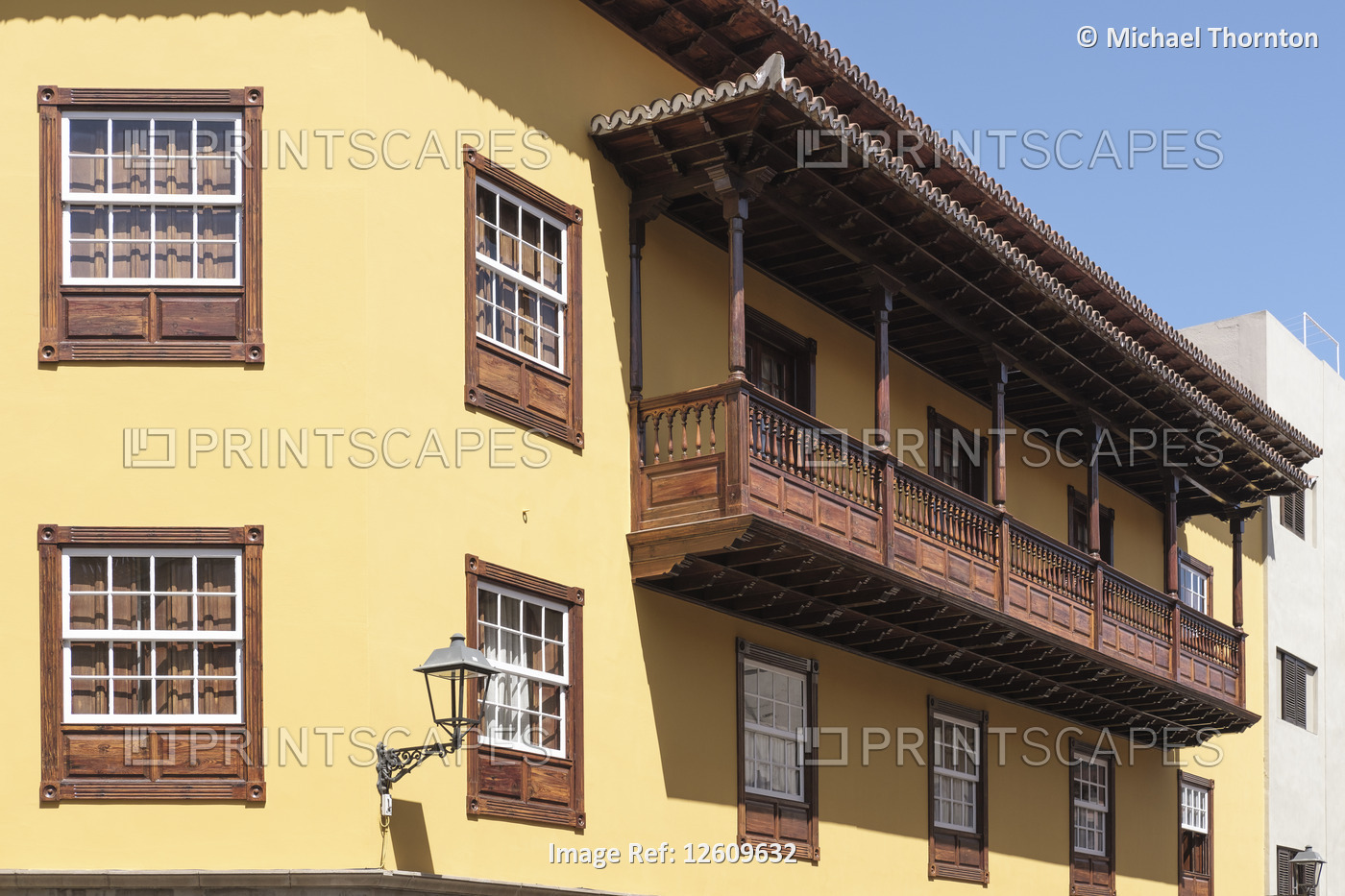 Traditional Wooden balcony and windows, La Oratava, Tenerife North, Canary ...