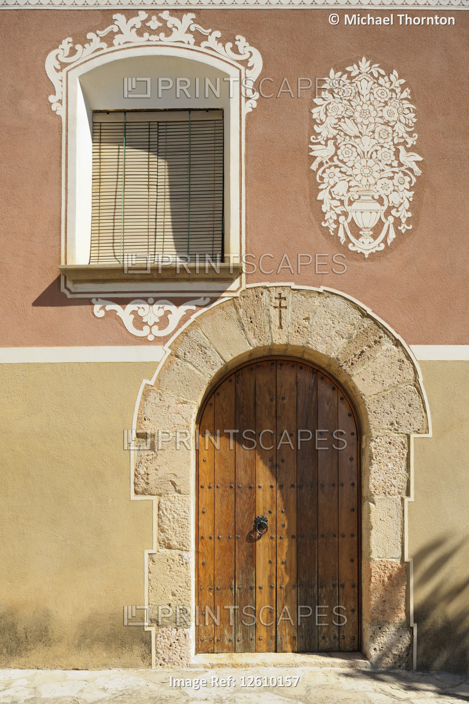 Main entrance wall of 12th Century Santes Creus Monastery, Aiguamurcia, Alt ...