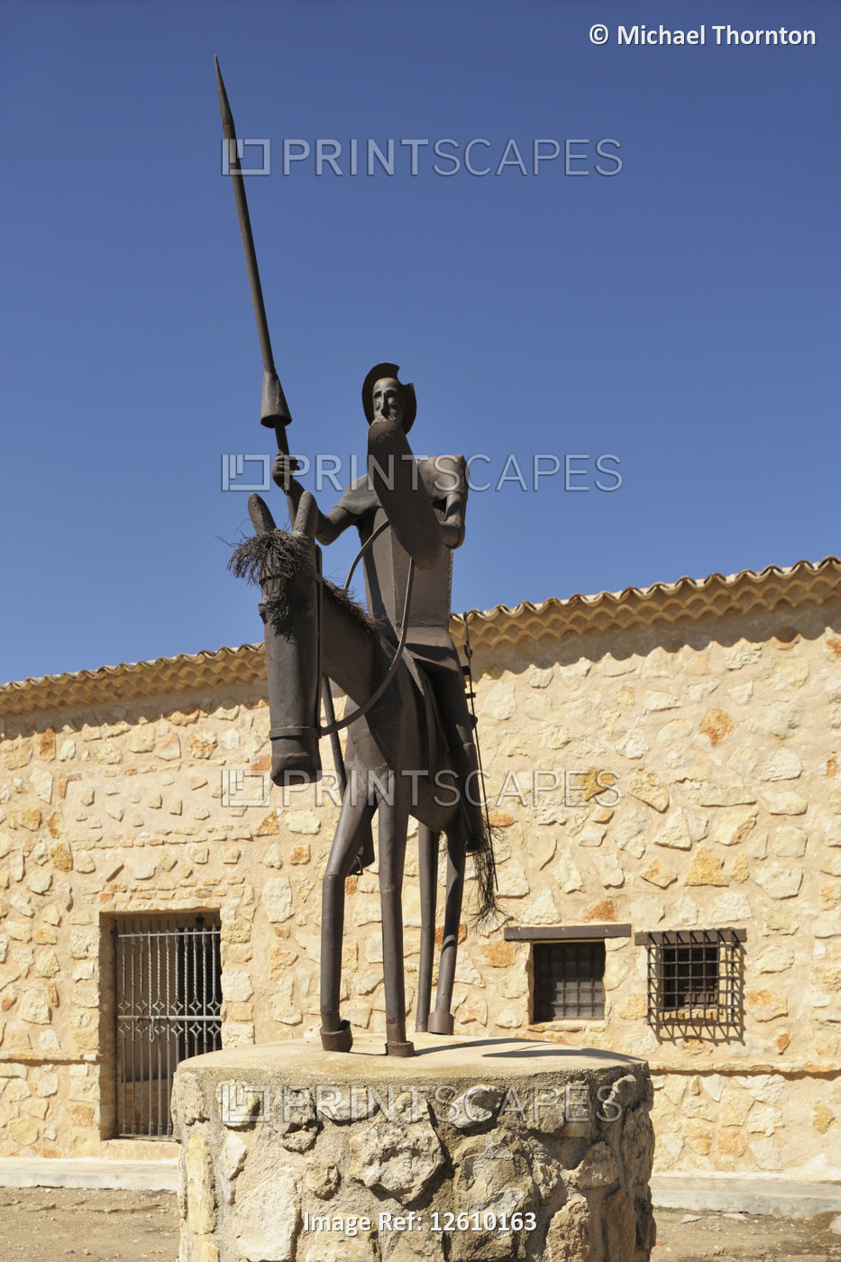 Statue of Don Quijote on his skinny horse called Rocinante, Province of Cuenca, ...