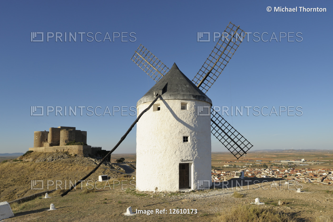 12th Century Castle of Consuegra and Windmills of La Mancha, Consuegra, Toledo, ...
