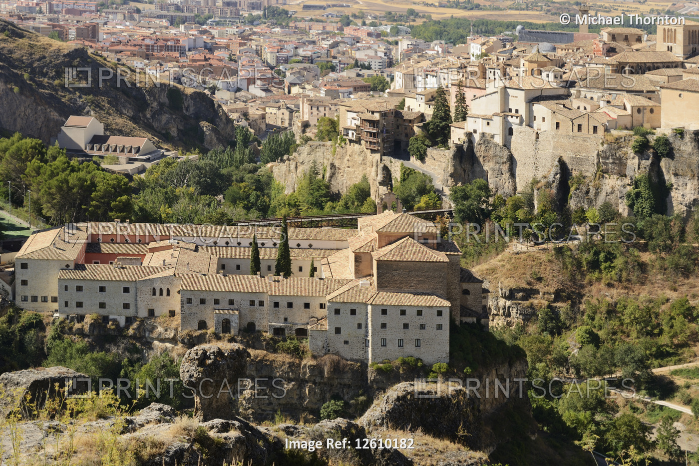 View of the rear of the Parador of Cuenca with the old part of the city in the ...