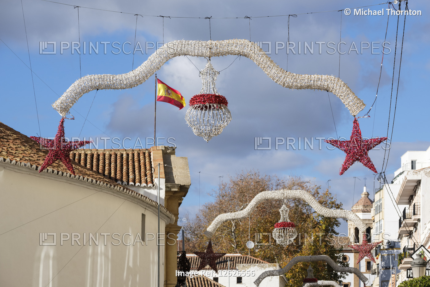 Streetscene outside bullring with christmas decorations, Ronda, Malaga, ...