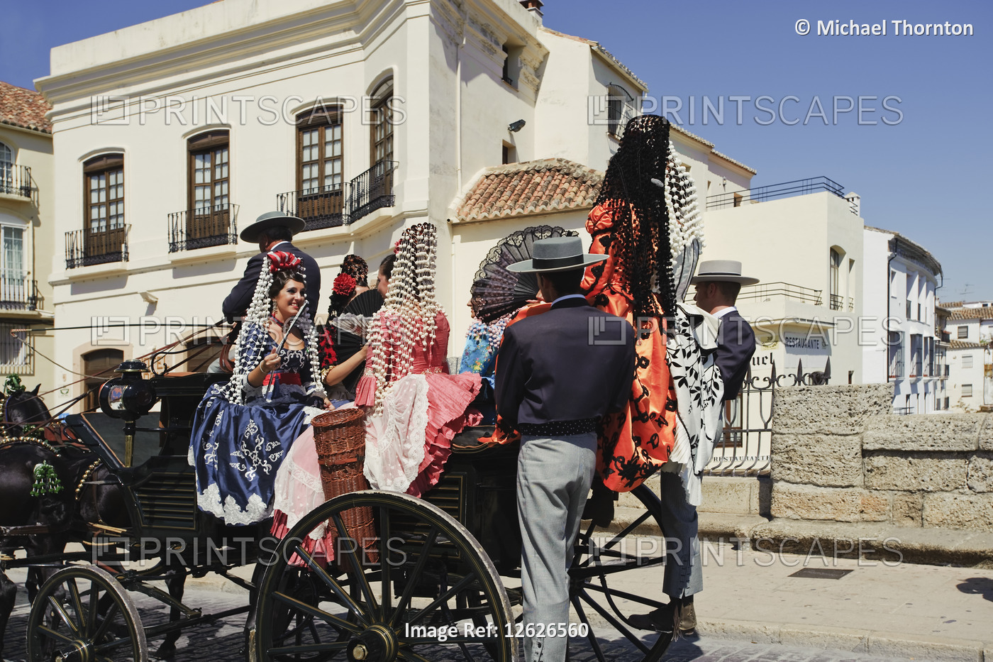 Fiesta Goyesca de Pedro Romero. Horse and Carriage with people dressed in 18th ...