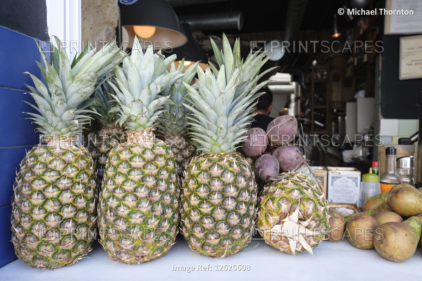 Pineapples on shop window cill, Old Town, Cordoba, Andalucia, Spain, Europe,