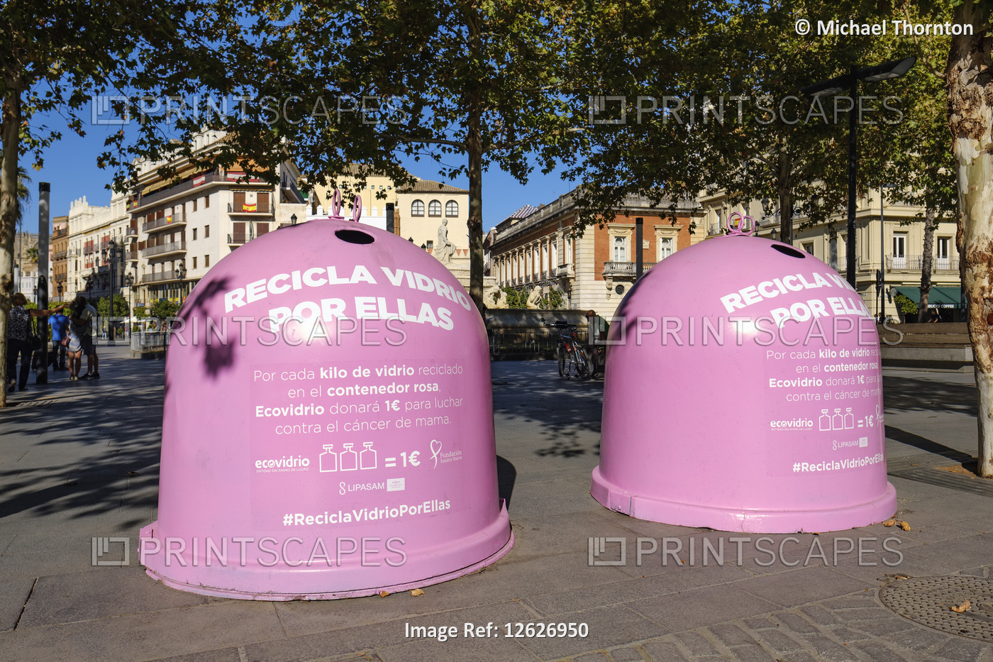 Two Pink Recycling bins for glass, Sevilla; Andalucia; Spain 