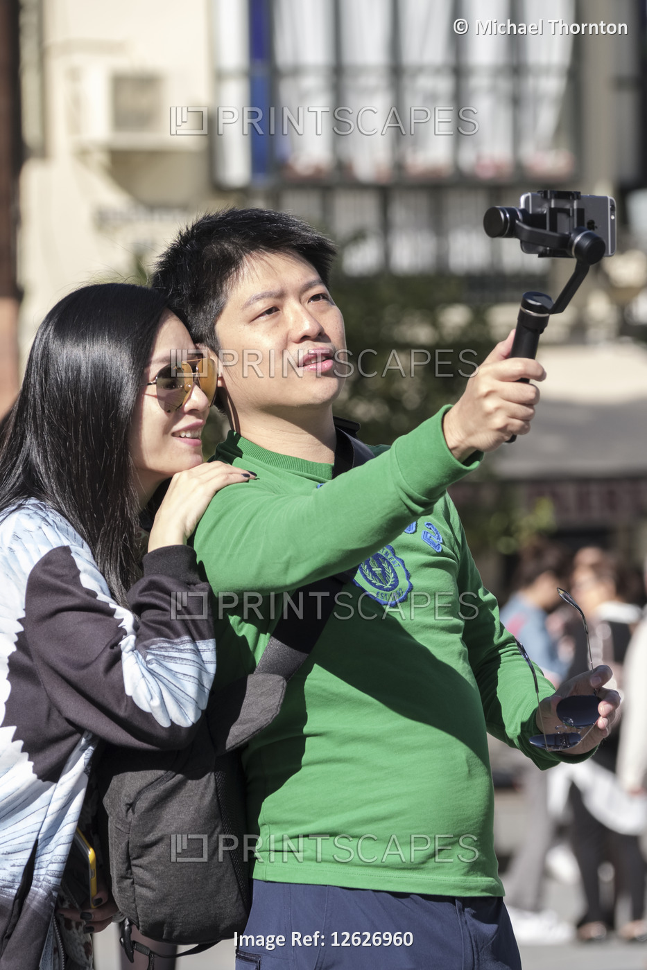 Tourists, Young Couple taking Selfies in Seville, Andalucia, Spain