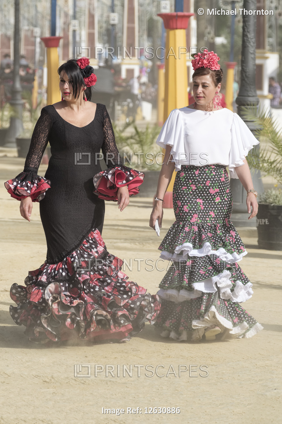 Strolling along dusty fairground, Jerez de la Frontera, Feria de Caballo, May ...