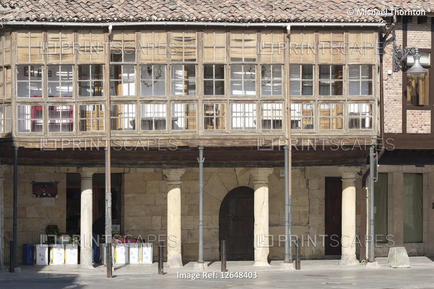 Old wooden facades in the Plaza de Espana, Aguilar de Campoo; Palencia; Spain,