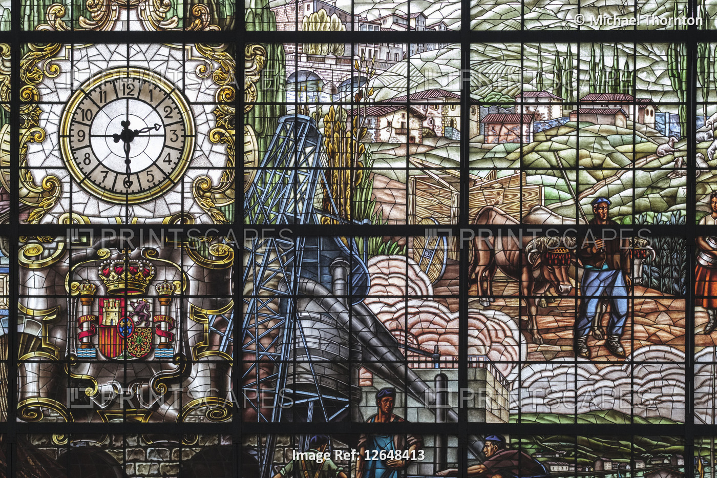 Sections of the Stained glass mural in the Estacion Abando Indalecio Prieto; ...