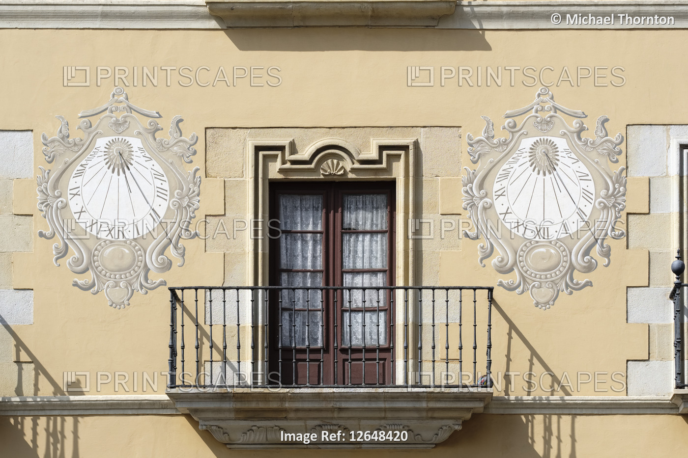Sun Dials either side of upstairs balcony, Durango, Vizcaya, Pais Vasco, Spain,