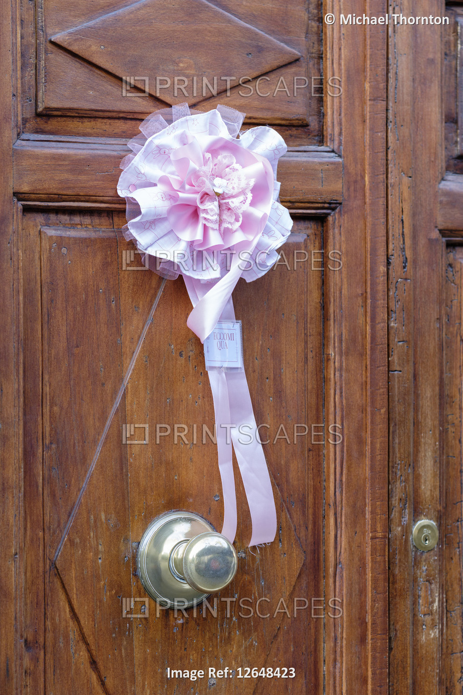 Birth of a child denoted by flower and ribbon on wooden entrance door, Pisa. ...