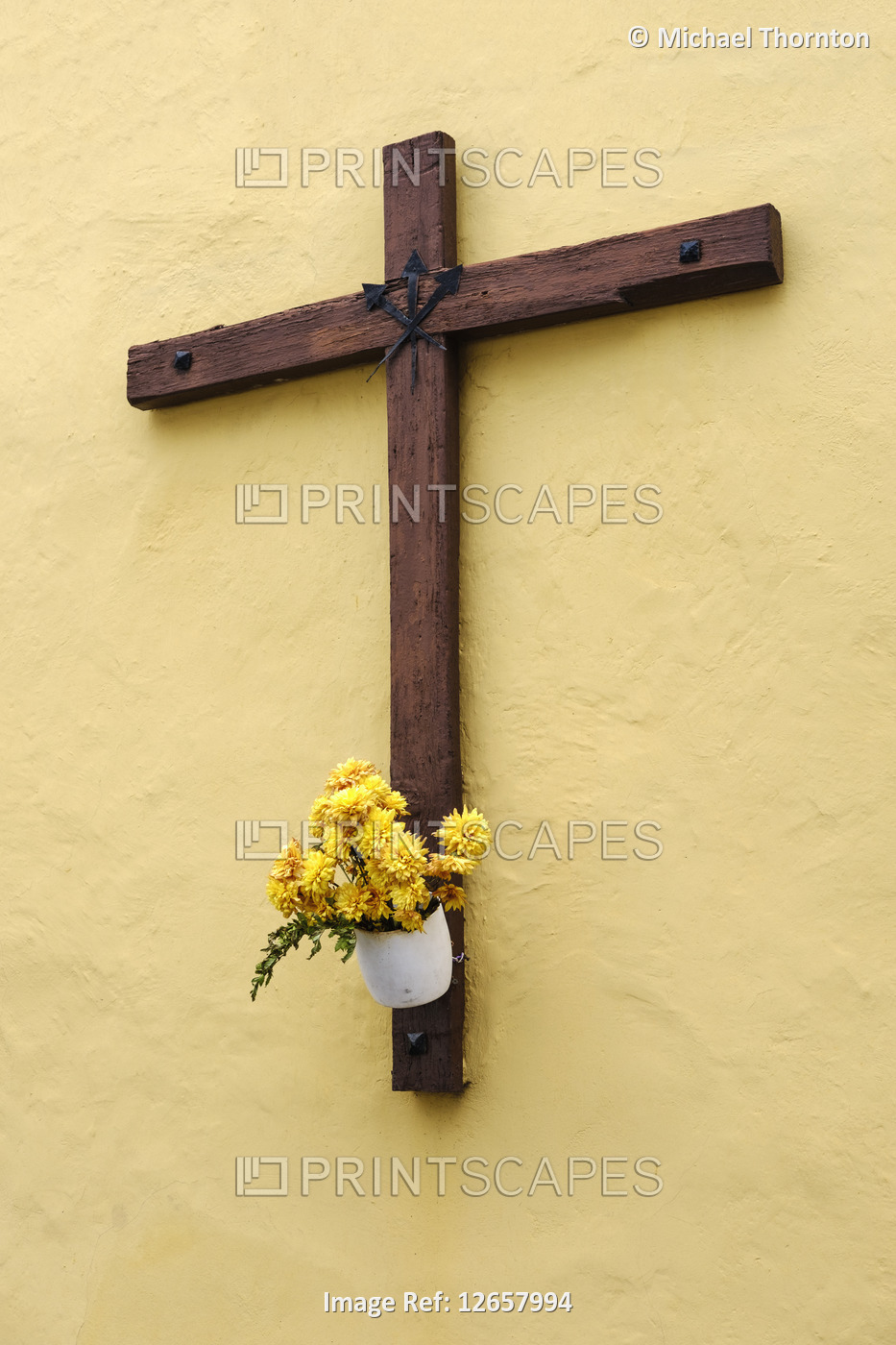 Wooden cross on street house wall, Garachico, Tenerife North, Canary Islands, ...