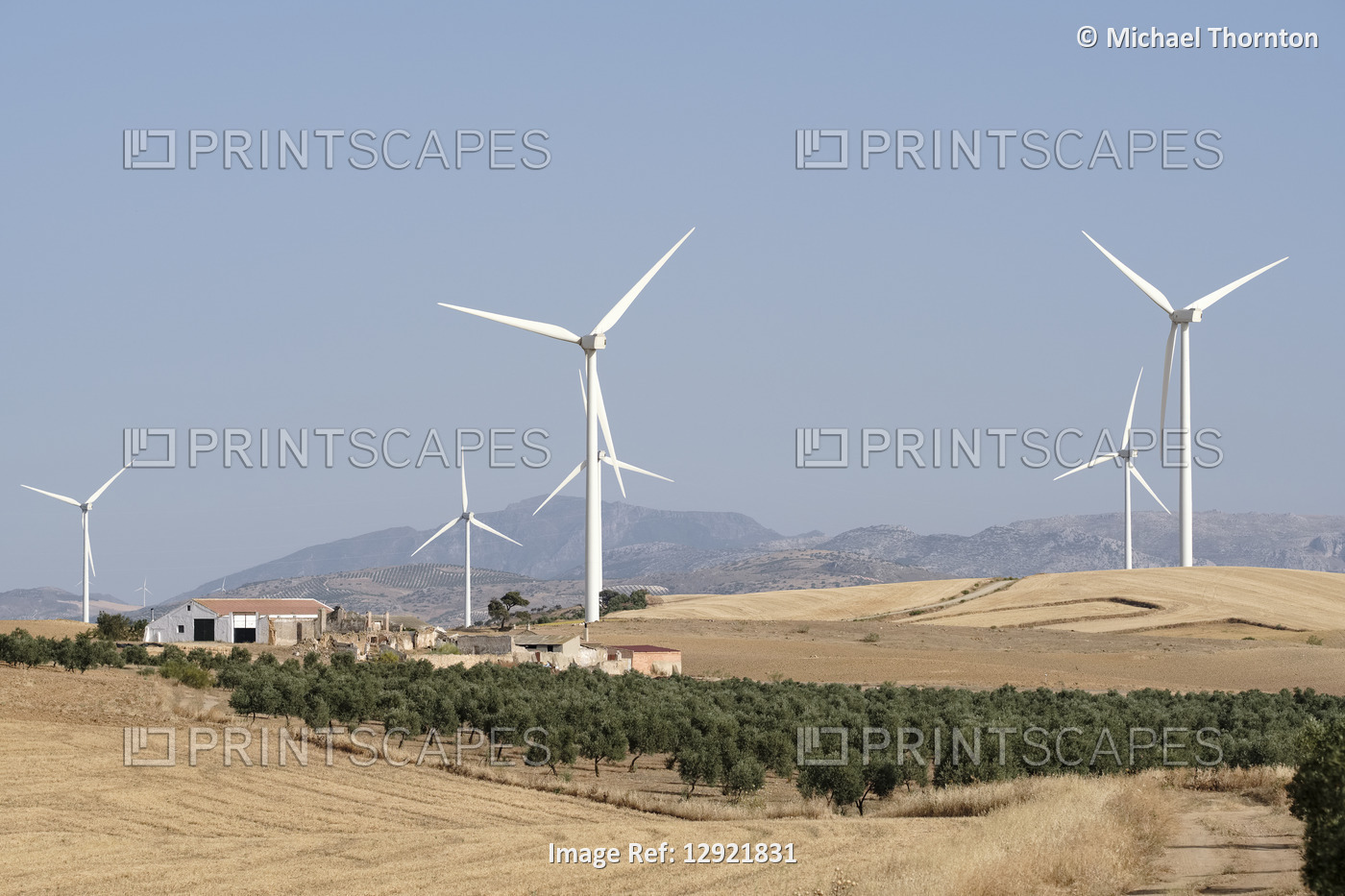 Farm in midst of Wind Turbines, Campillos, Malaga, Andalucia, Spain