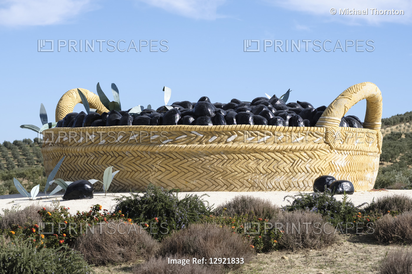Large Basket of Black Olives as a traffic roundabout centrepiece, El Saucejo, ...