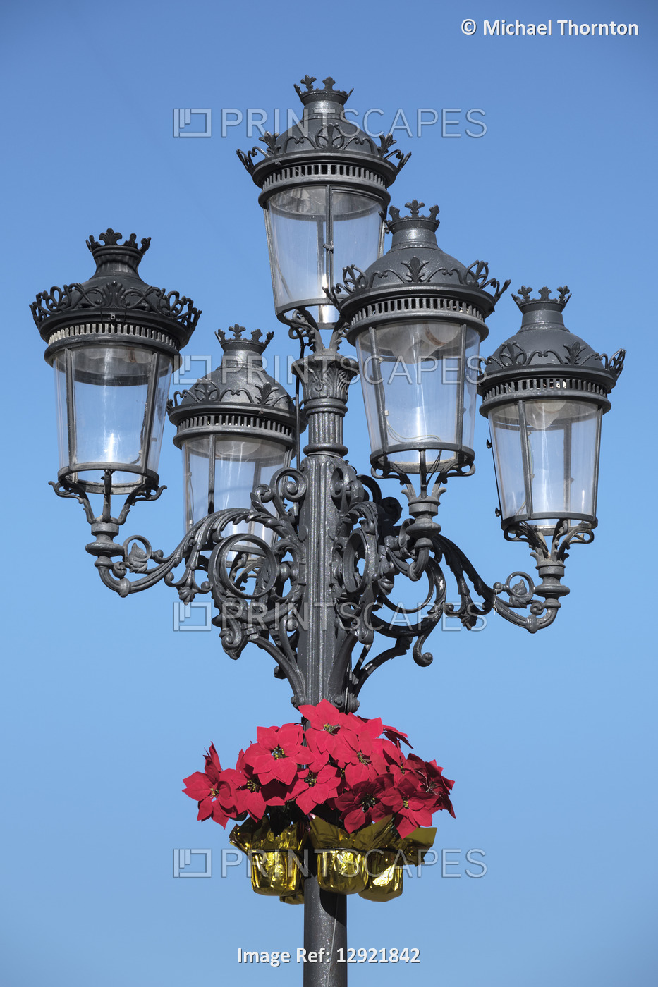5 tier lamp standard at Christmas with Poinsettia, Ayuntamiento de El Saucejo, ...