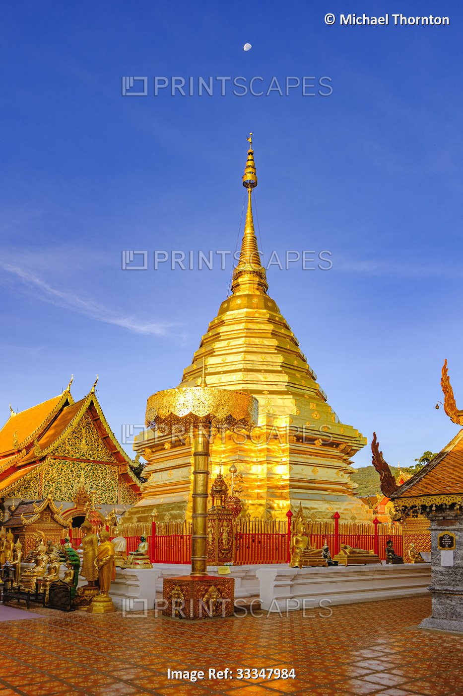 Wat Phra That Doi Suthep buddhist temple with golden structures; Chiang Mai, ...